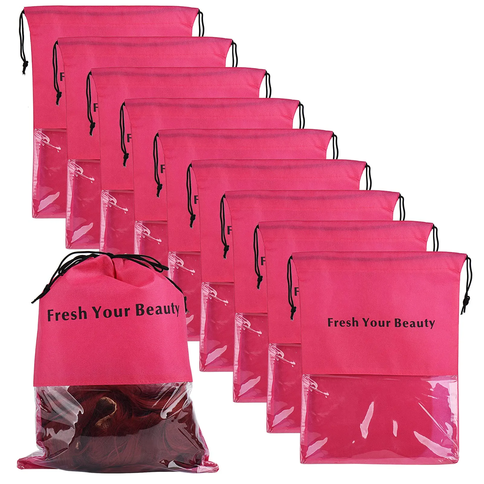 10 Packs Wig Storage Bags with Drawstring Hair Extensions Holder Hairpieces Carrier Organizer Dustproof Protector Pouch for Travel Daily Use (Large,Rose red)
