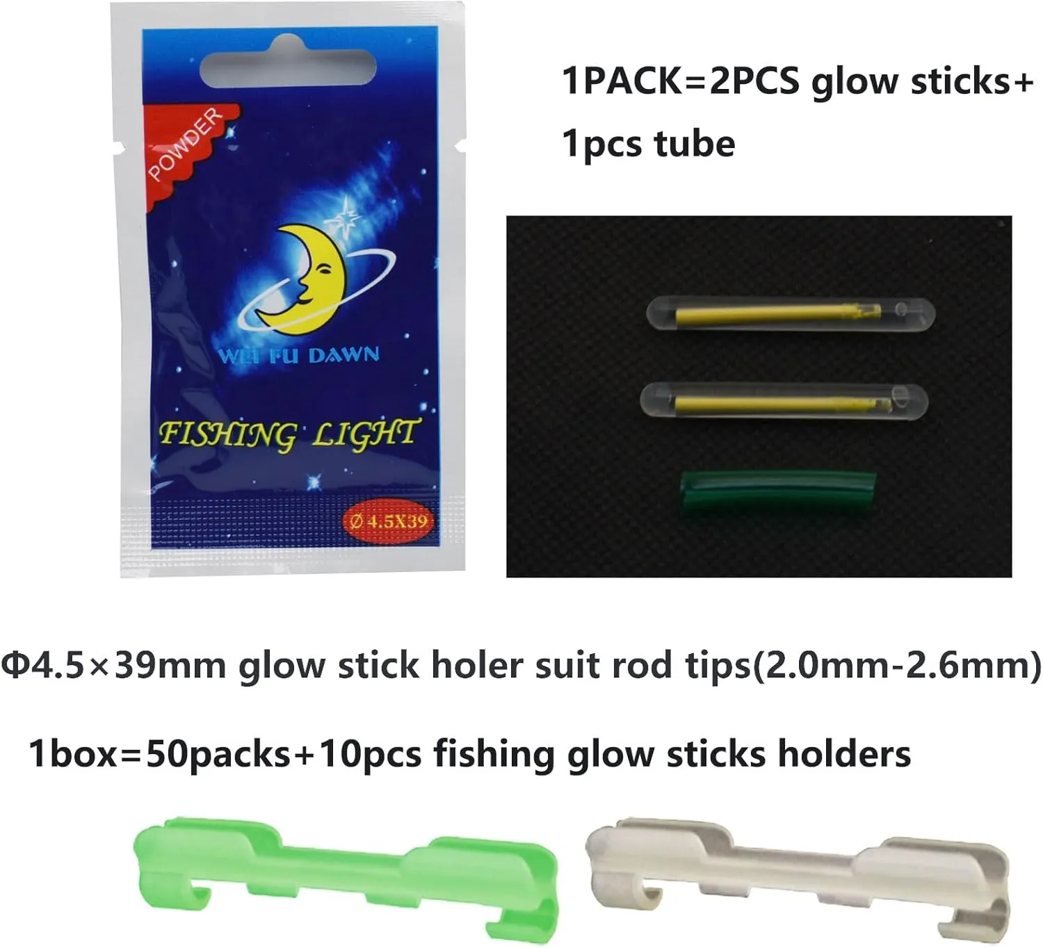 100pcs Fishing Glow Sticks Clip on Pole for Rod Tips and Slip Bobbers，Floats，Line，Underwater in Night/The Dark,1Inch 3.0mm×25mm，1.5Inch 4.5×39mm，2Inch 6.0×50mm，3Inch7.5×75mm
