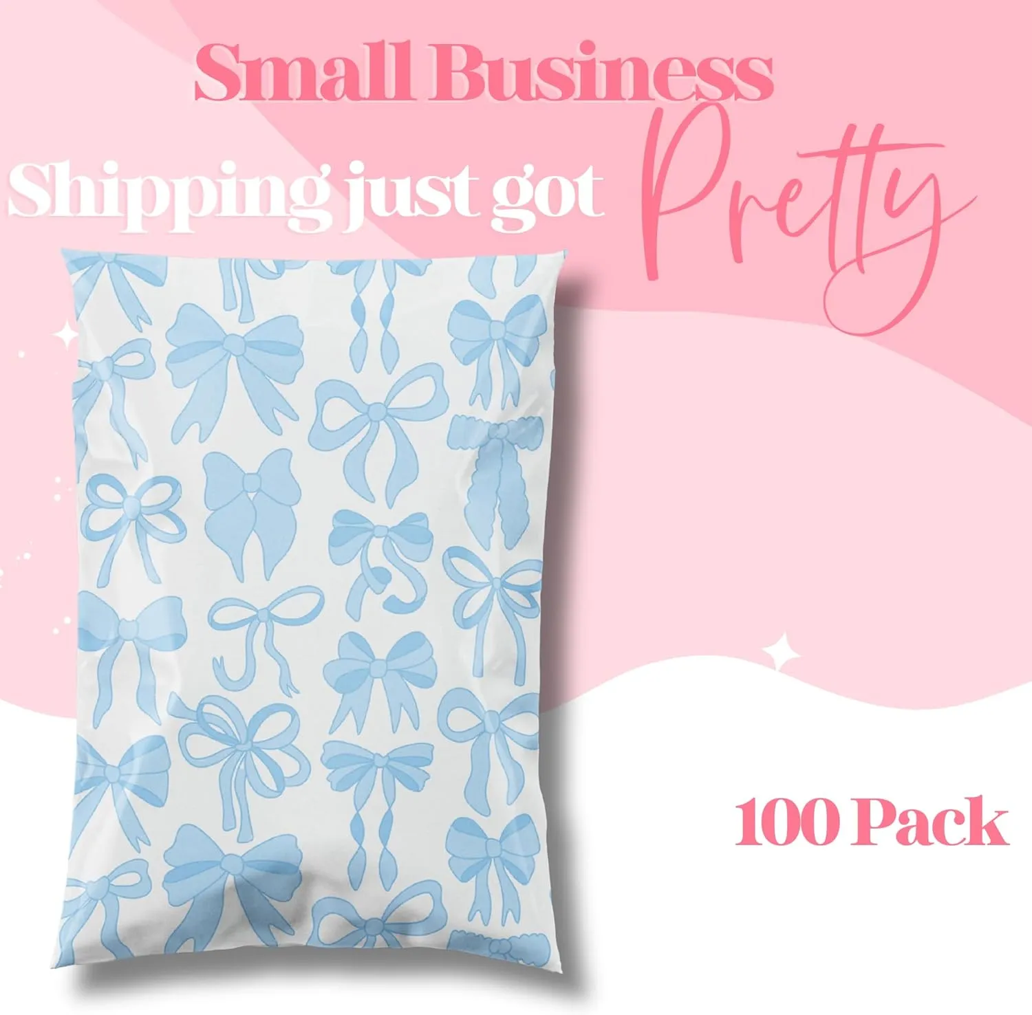 10x13 Designer Poly Mailer 100 Pack Heavy Duty Waterproof Self Seal Shipping Bags for Small Business Large Mailing Envelopes Bulk Tear Resistant Packaging Blue Bows