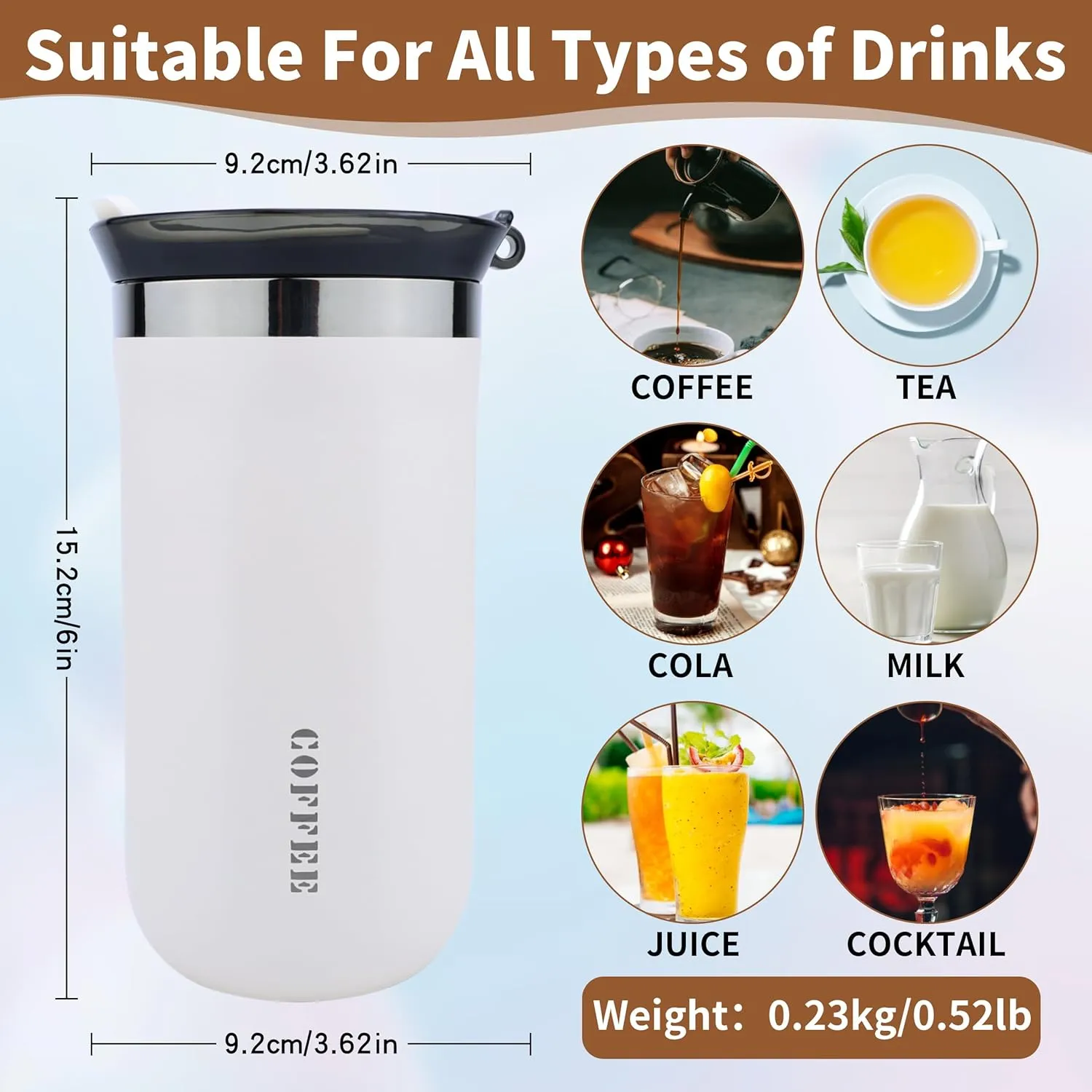 11 Oz Travel Mug White Insulated Reusable Stainless Steel Coffee Mug For Hot and Iced Drinks