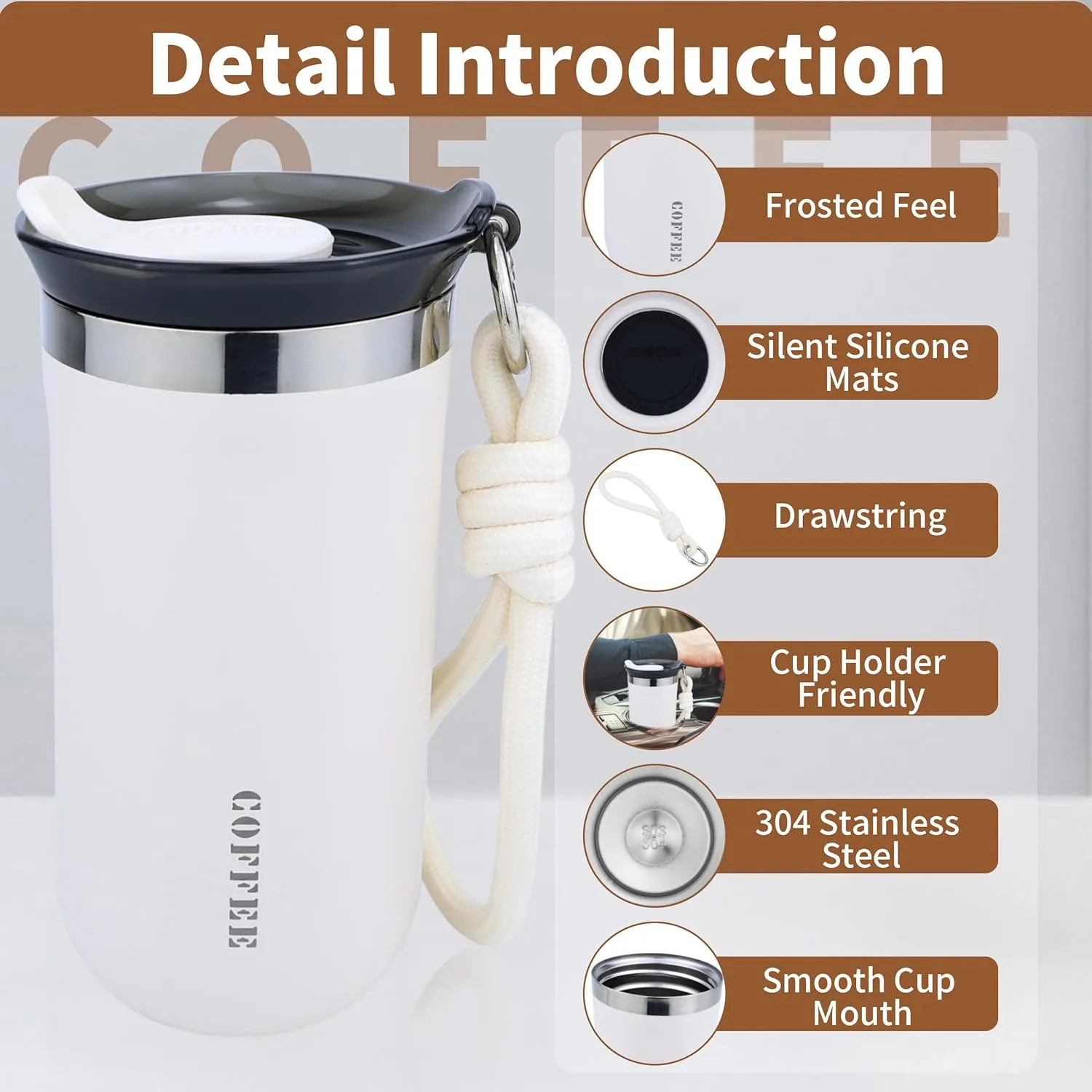 11 Oz Travel Mug White Insulated Reusable Stainless Steel Coffee Mug For Hot and Iced Drinks