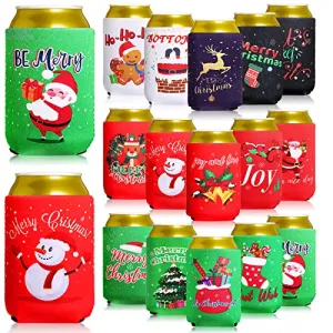 15 Pieces Christmas Beer Covers Christmas Beer Can Coolers Sleeves Xmas Holiday Can Insulated Covers Neoprene Can Coolers Collapsible Reusable Bottle Sleeves Christmas Party Supplies for Winter Party