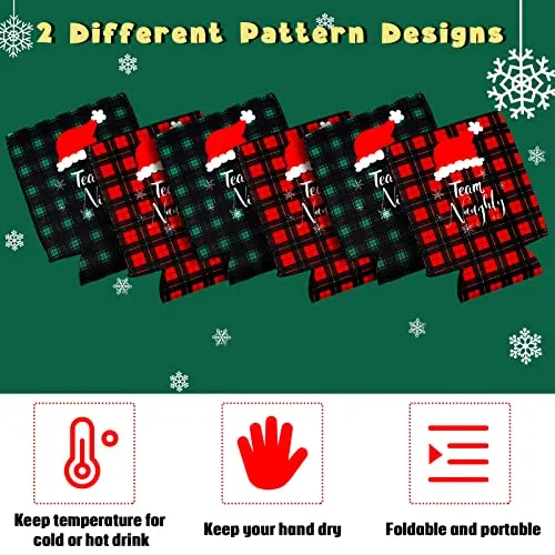 16 Pcs Christmas Can Coolers Sleeves Xmas Neoprene Drink Holders Buffalo Plaid Team Naughty Team Nice Can Cooler Sleeves Insulator Sleeve Cup Holder for Christmas Holiday Party Favor Gifts, 2 Styles