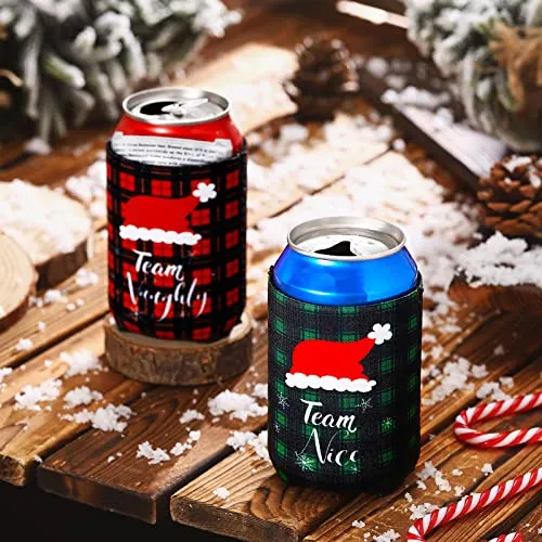16 Pcs Christmas Can Coolers Sleeves Xmas Neoprene Drink Holders Buffalo Plaid Team Naughty Team Nice Can Cooler Sleeves Insulator Sleeve Cup Holder for Christmas Holiday Party Favor Gifts, 2 Styles