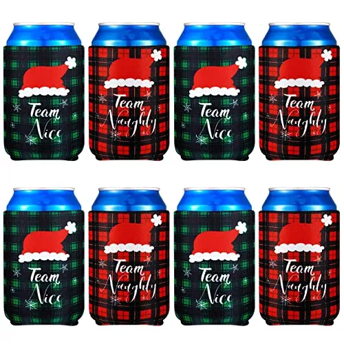 16 Pcs Christmas Can Coolers Sleeves Xmas Neoprene Drink Holders Buffalo Plaid Team Naughty Team Nice Can Cooler Sleeves Insulator Sleeve Cup Holder for Christmas Holiday Party Favor Gifts, 2 Styles