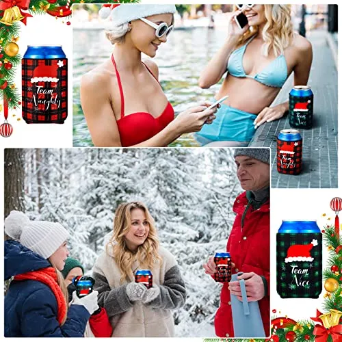 16 Pcs Christmas Can Coolers Sleeves Xmas Neoprene Drink Holders Buffalo Plaid Team Naughty Team Nice Can Cooler Sleeves Insulator Sleeve Cup Holder for Christmas Holiday Party Favor Gifts, 2 Styles