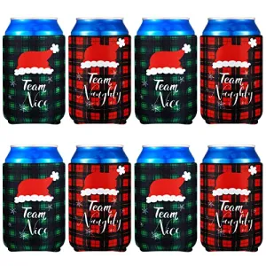 16 Pcs Christmas Can Coolers Sleeves Xmas Neoprene Drink Holders Buffalo Plaid Team Naughty Team Nice Can Cooler Sleeves Insulator Sleeve Cup Holder for Christmas Holiday Party Favor Gifts, 2 Styles