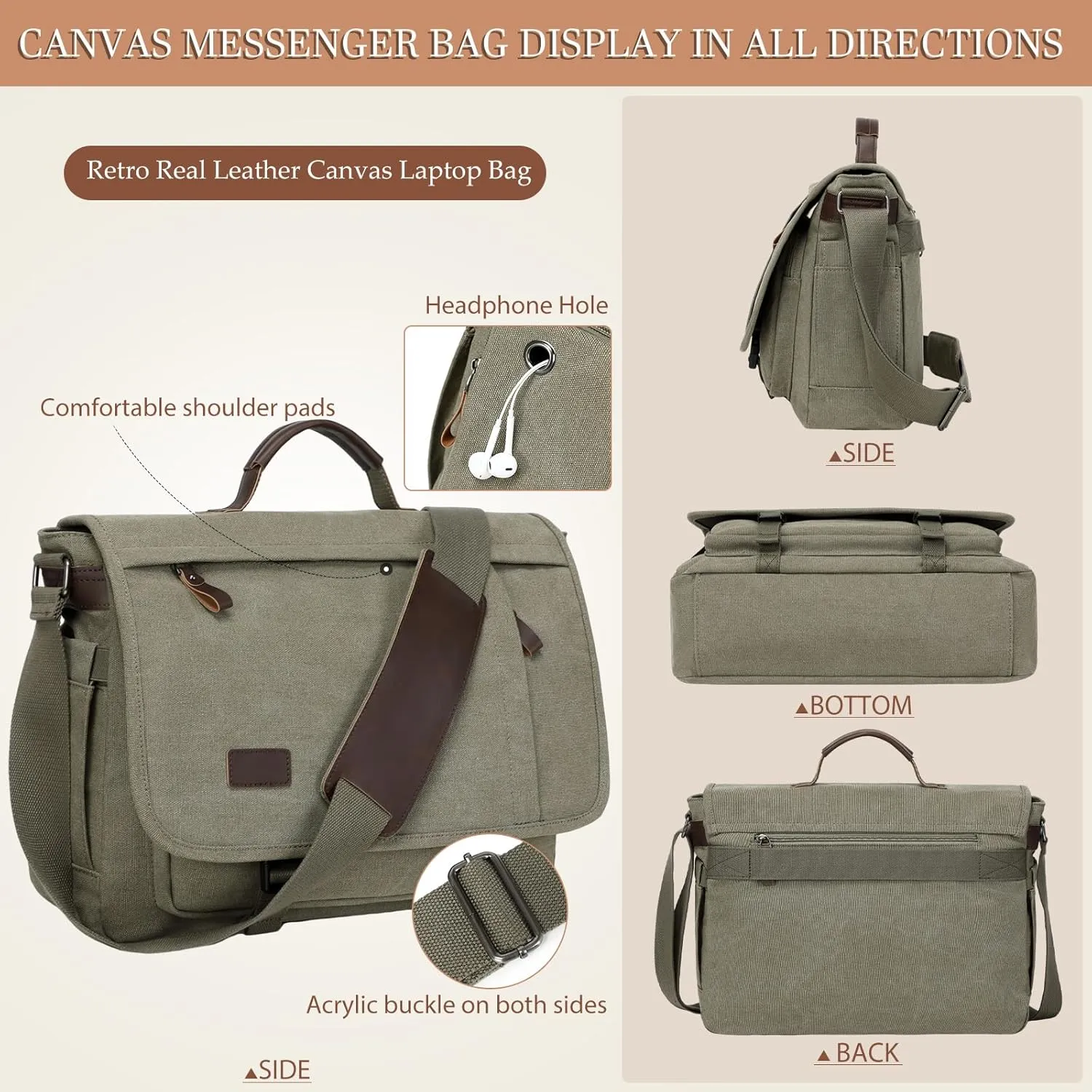 17.3 Inch Messenger Bag for Men: 2PCS Laptop Bag PU Leather Canvas Work Briefcase Large Office