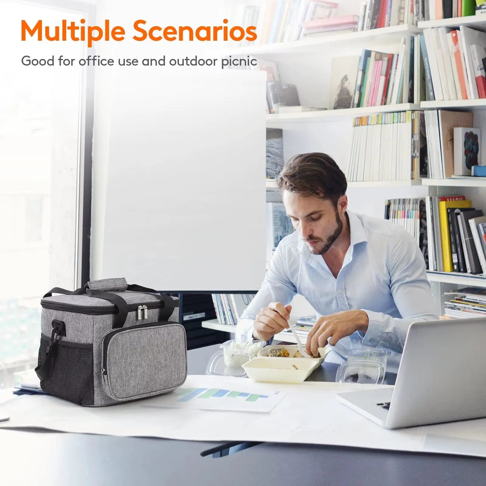 1Pc Grey Oxford Cloth Lunch Bag with High Capacity, Handheld & Shoulder Straps Waterproof