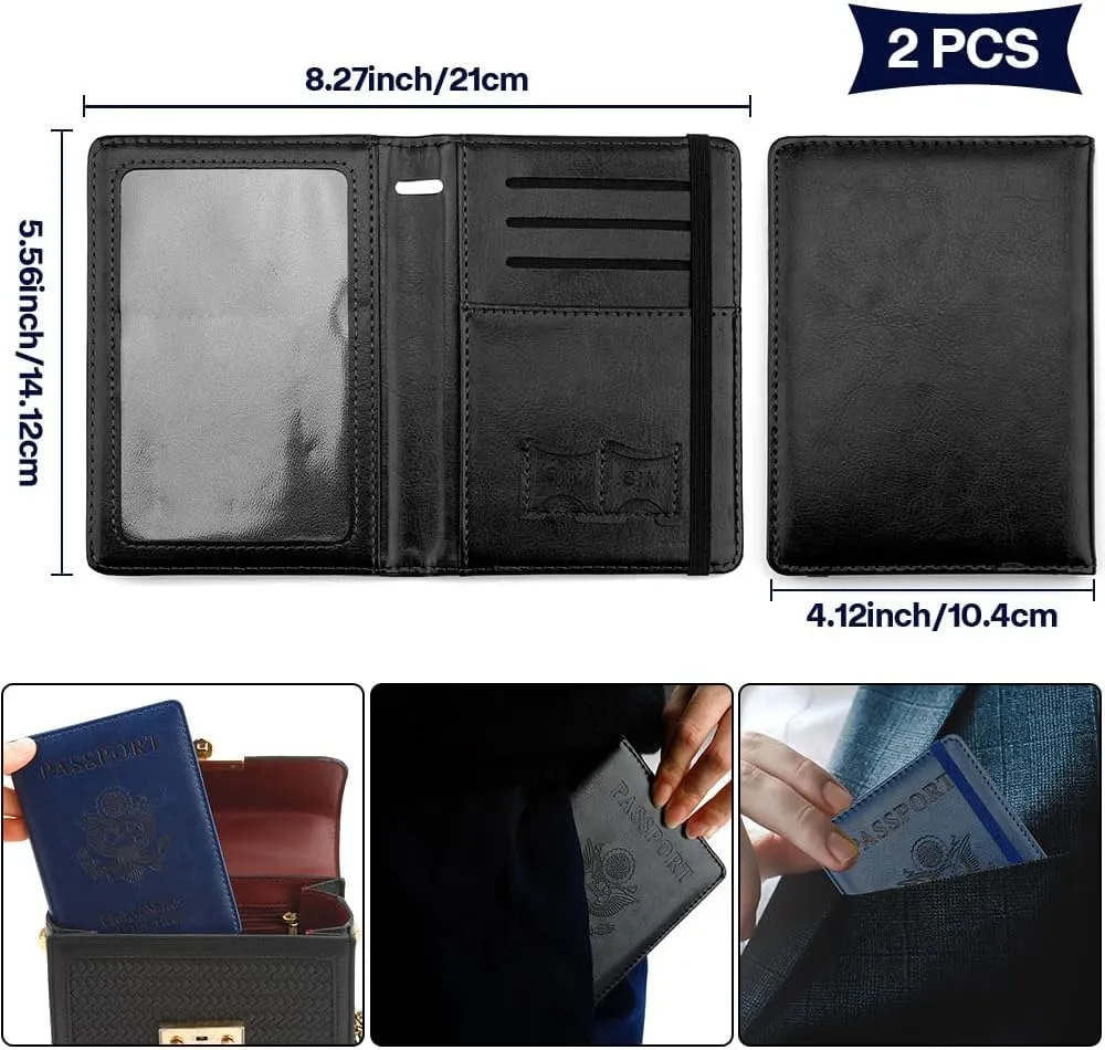 2 Pack Leather Passport Cover - Waterproof Passport Wallet - Black   Navy Blue