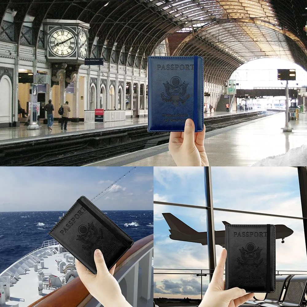 2 Pack Leather Passport Cover - Waterproof Passport Wallet - Black   Navy Blue