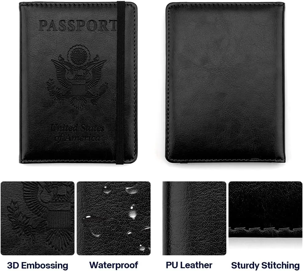 2 Pack Leather Passport Cover - Waterproof Passport Wallet - Black   Navy Blue