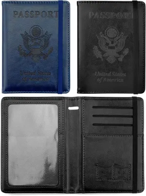 2 Pack Leather Passport Cover - Waterproof Passport Wallet - Black   Navy Blue