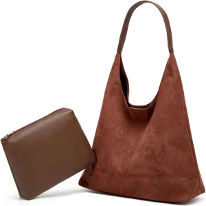 2 Pcs Slouchy Hobo Bags Women Suede Crescent Satchels Shoulder Bag Crossbody Purse Top-handle College Tote Handbag 2024
