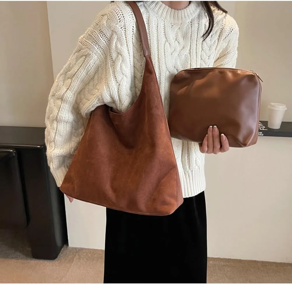 2 Pcs Slouchy Hobo Bags Women Suede Crescent Satchels Shoulder Bag Crossbody Purse Top-handle College Tote Handbag 2024