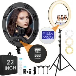 22in Large Ring Light with Stand,512pcs Bulbs Big Ring Light with 75" Tripod for iPhone/LED Display/4 Clips/2 USB Ports,2600K-6500K Dimmable Barber Light,for TikTok Video Recording Tattoo Lash Makeup