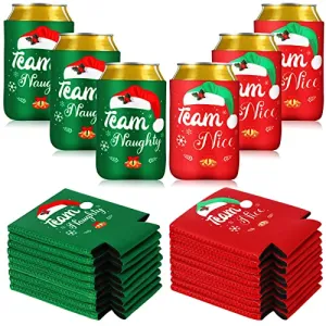 24 Pcs Christmas Beer Can Coolers Sleeves Xmas Neoprene Drink Holders Team Naughty Team Nice Can Sleeves Holiday Can Insulated Covers for Canned Beverages Bottle Drink Party Decors (Red and Green)