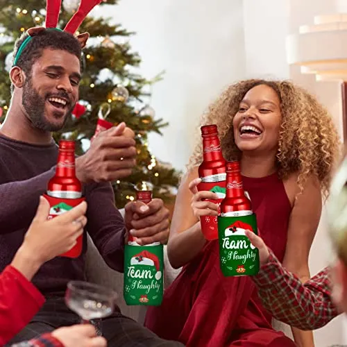 24 Pcs Christmas Beer Can Coolers Sleeves Xmas Neoprene Drink Holders Team Naughty Team Nice Can Sleeves Holiday Can Insulated Covers for Canned Beverages Bottle Drink Party Decors (Red and Green)