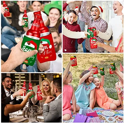 24 Pcs Christmas Beer Can Coolers Sleeves Xmas Neoprene Drink Holders Team Naughty Team Nice Can Sleeves Holiday Can Insulated Covers for Canned Beverages Bottle Drink Party Decors (Red and Green)