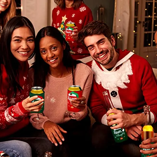 24 Pcs Christmas Beer Can Coolers Sleeves Xmas Neoprene Drink Holders Team Naughty Team Nice Can Sleeves Holiday Can Insulated Covers for Canned Beverages Bottle Drink Party Decors (Red and Green)