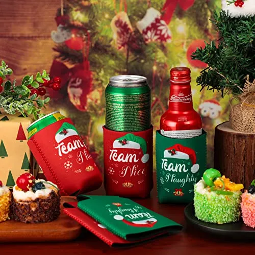 24 Pcs Christmas Beer Can Coolers Sleeves Xmas Neoprene Drink Holders Team Naughty Team Nice Can Sleeves Holiday Can Insulated Covers for Canned Beverages Bottle Drink Party Decors (Red and Green)