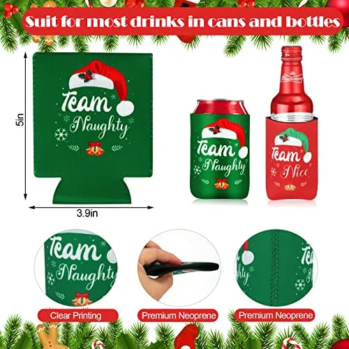 24 Pcs Christmas Beer Can Coolers Sleeves Xmas Neoprene Drink Holders Team Naughty Team Nice Can Sleeves Holiday Can Insulated Covers for Canned Beverages Bottle Drink Party Decors (Red and Green)
