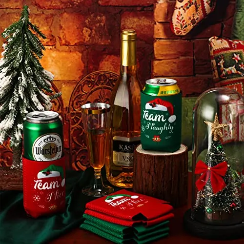 24 Pcs Christmas Beer Can Coolers Sleeves Xmas Neoprene Drink Holders Team Naughty Team Nice Can Sleeves Holiday Can Insulated Covers for Canned Beverages Bottle Drink Party Decors (Red and Green)