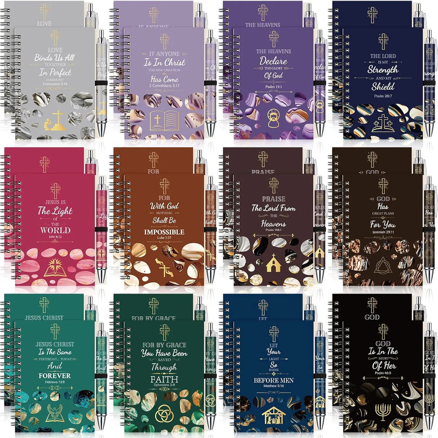 24 Set Cross Religious Spiral Notebooks 2025 Christian Gift Set Christian Notebook and Pens Gifts God Scripture Bible Verse Journal for Women Mother's Day Sunday Church Office(Cross)