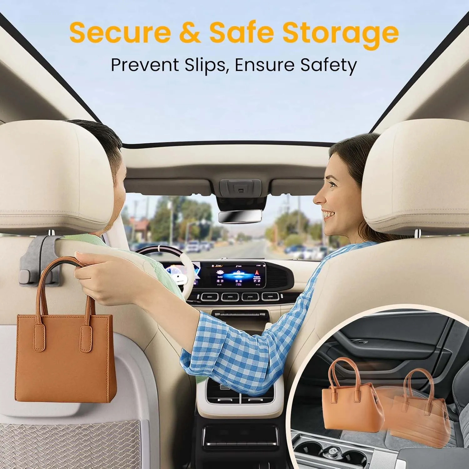 2PCS Car Seat Back Storage Hook for Headrest [No More Mess] [110lb Strong Load-bearing] [Hidden Double Hook Design] Hands-free for Bags, Car Interior Storage Accessories Suede, Brown