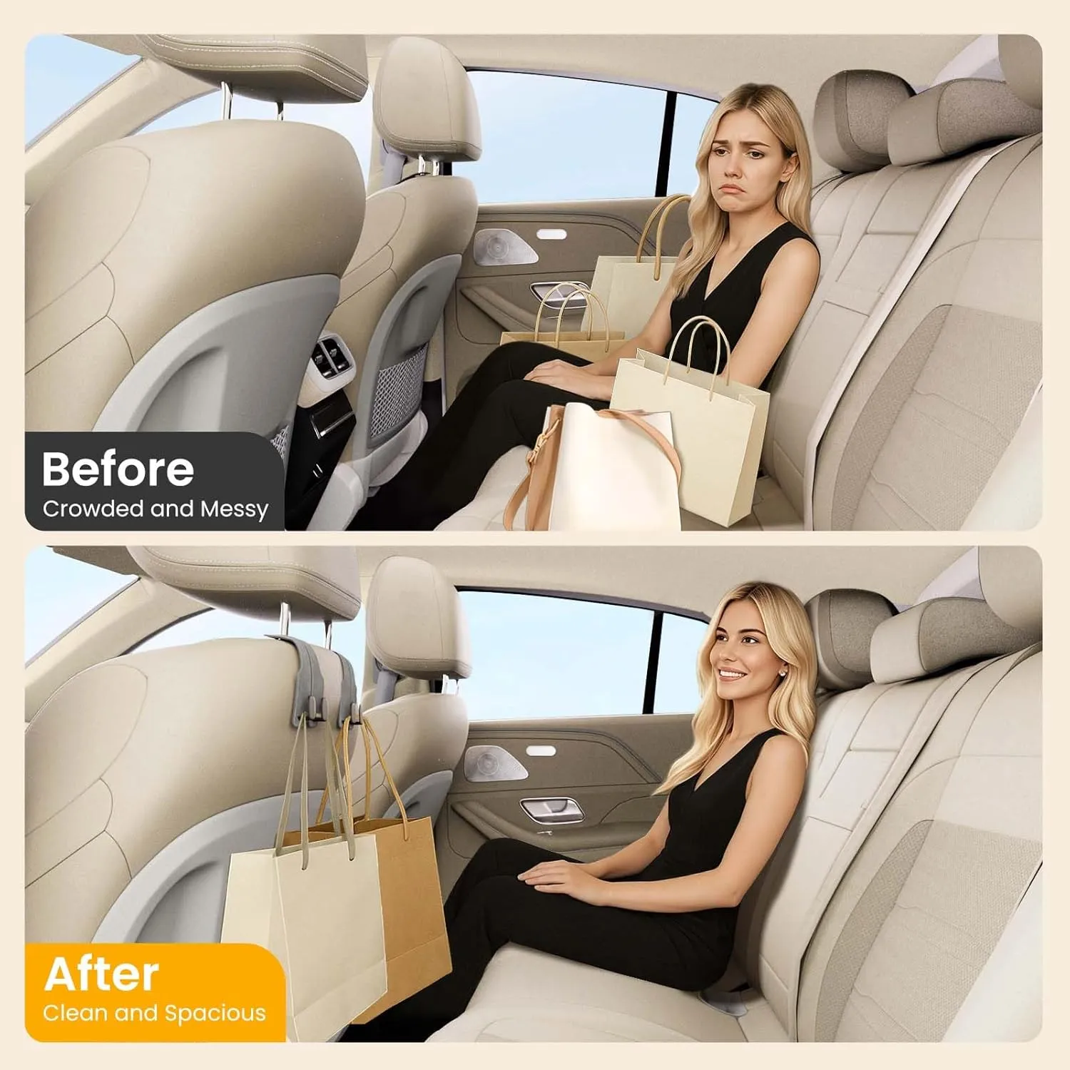 2PCS Car Seat Back Storage Hook for Headrest [No More Mess] [110lb Strong Load-bearing] [Hidden Double Hook Design] Hands-free for Bags, Car Interior Storage Accessories Suede, Brown