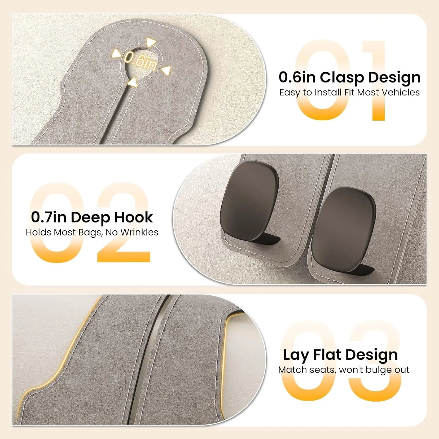 2PCS Car Seat Back Storage Hook for Headrest [No More Mess] [110lb Strong Load-bearing] [Hidden Double Hook Design] Hands-free for Bags, Car Interior Storage Accessories Suede, Brown