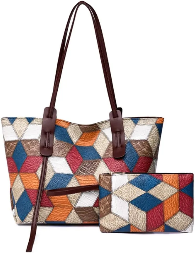 2pcs Tote Purse and Handbag Set for Women PU Splicing Color Block Shoulder Bags Clutch Wallet