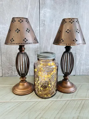 3 Piece Lighting Decor Lot! Includes 2 metal lamp style votive holders & purple tinted mason jar filled with fairy lights, Home stager lot!