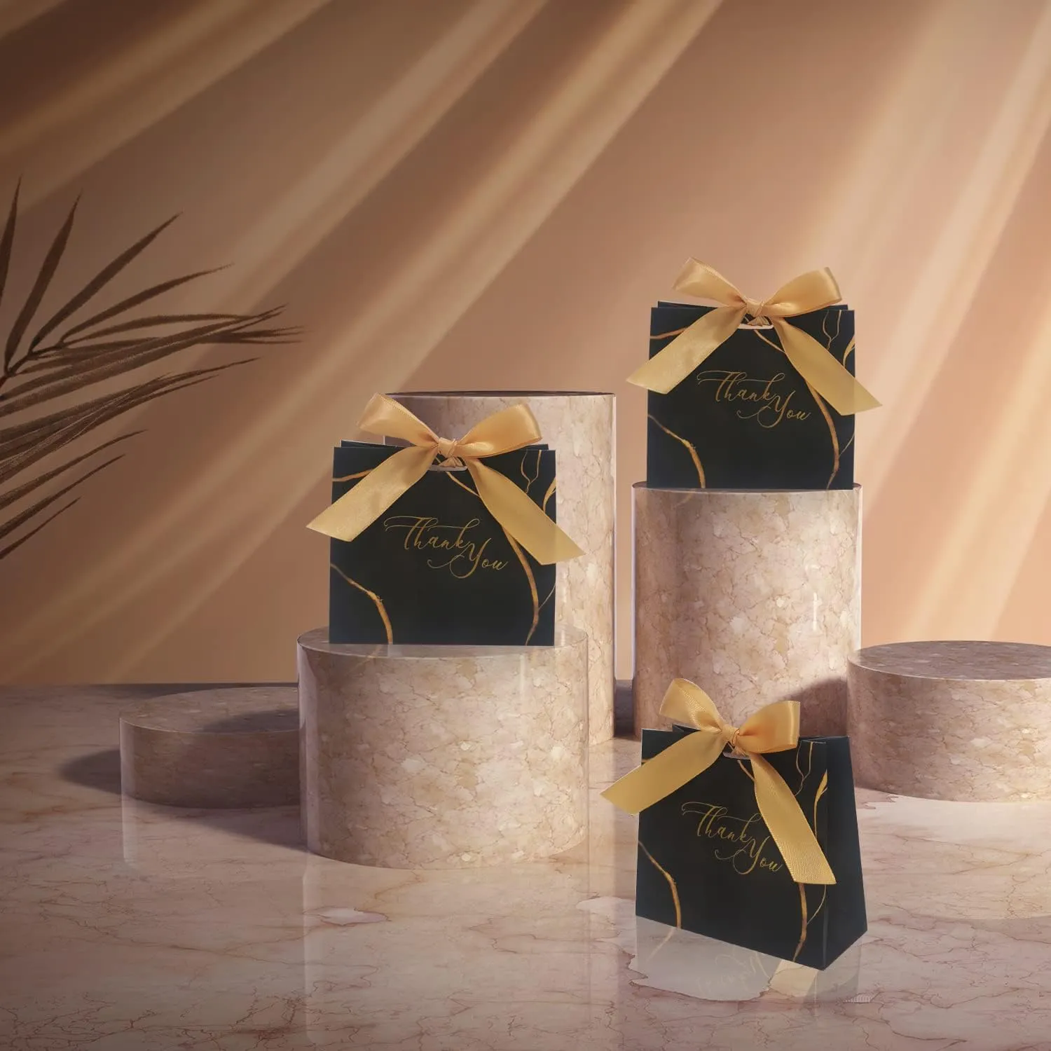 30Pack Small Thank You Gift Bags,Marble Pattern Party Favor Bags with Gold Bow Ribbon,4.5x1.8x3.Inches,Paper Bags for Birthday Wedding Bridesmaid Holiday Valentines Day (Black)