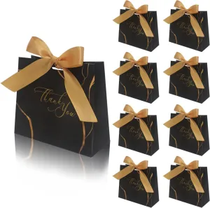 30Pack Small Thank You Gift Bags,Marble Pattern Party Favor Bags with Gold Bow Ribbon,4.5x1.8x3.Inches,Paper Bags for Birthday Wedding Bridesmaid Holiday Valentines Day (Black)