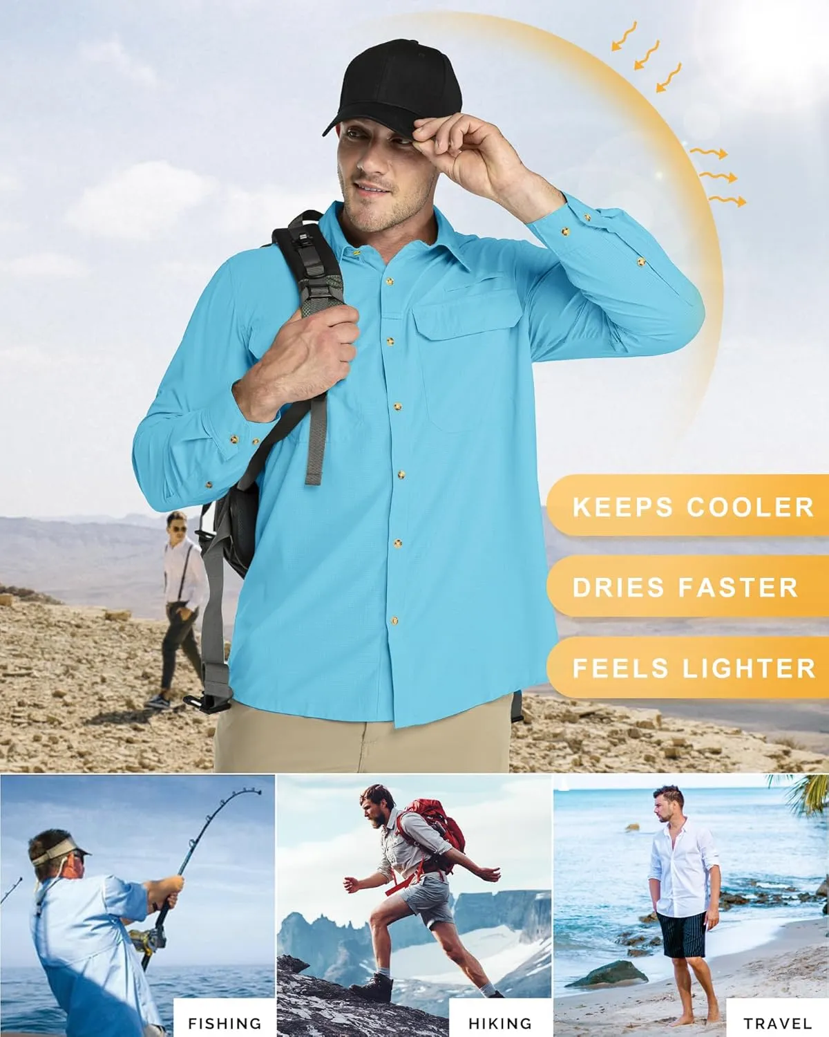 33,000ft Men's Long Sleeve Sun Protection Shirt UPF 50  UV Quick Dry Cooling Fishing Shirts for Travel Safari Camping Hiking