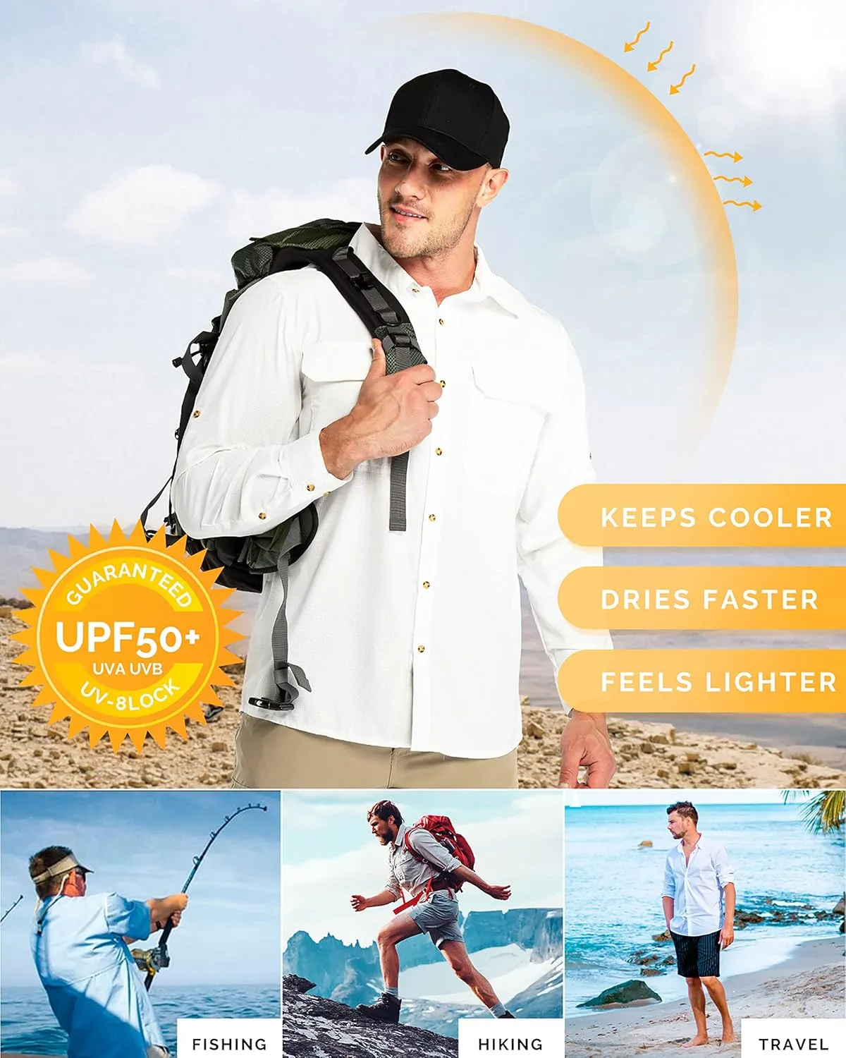 33,000ft Men's Long Sleeve Sun Protection Shirt UPF 50  UV Quick Dry Cooling Fishing Shirts for Travel Safari Camping Hiking
