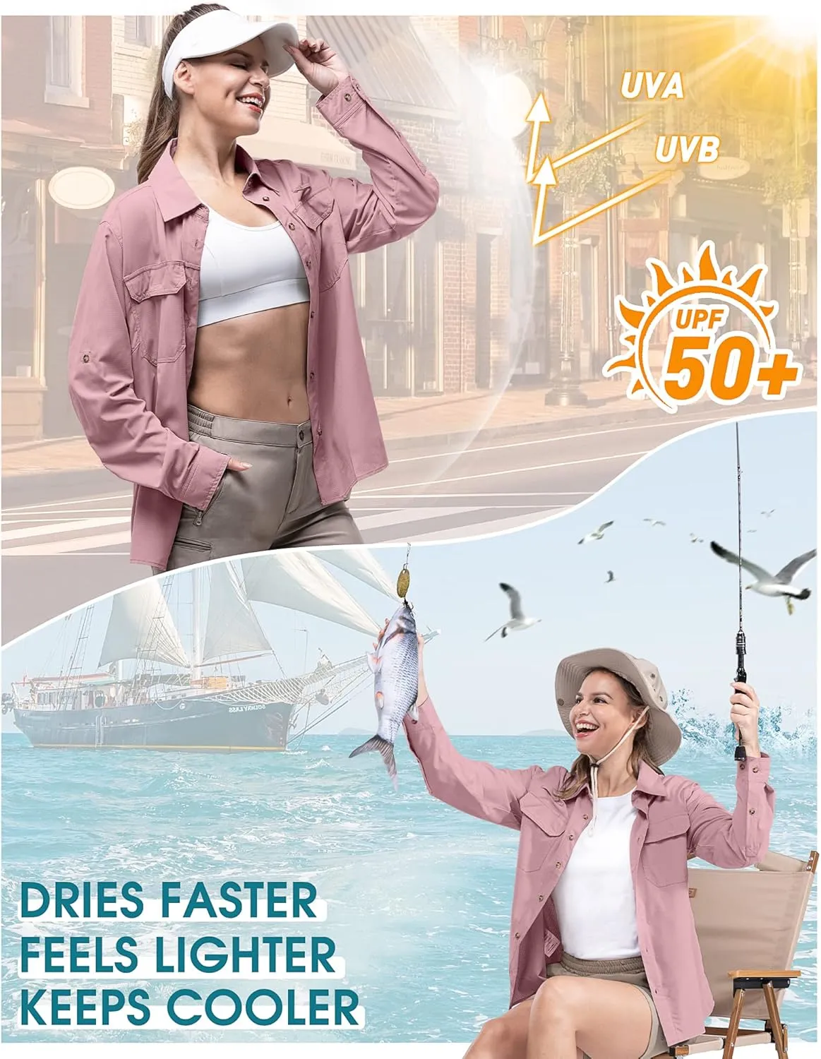 33,000ft Women's UPF 50 UV Sun Protection Shirt, Cool Quick Dry Long Sleeve Outdoor Fishing Hiking Safari Travel Shirt