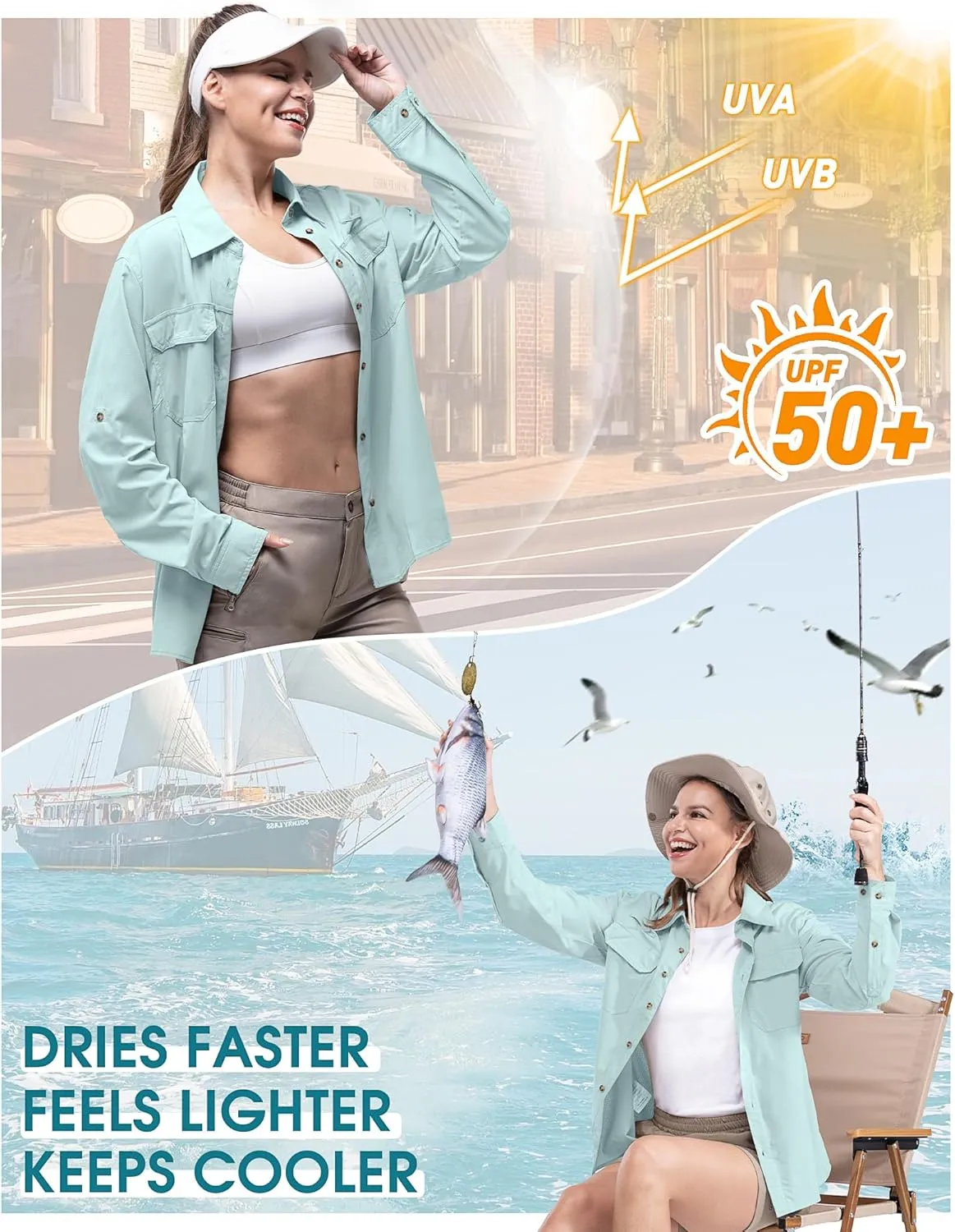 33,000ft Women's UPF 50 UV Sun Protection Shirt, Cool Quick Dry Long Sleeve Outdoor Fishing Hiking Safari Travel Shirt