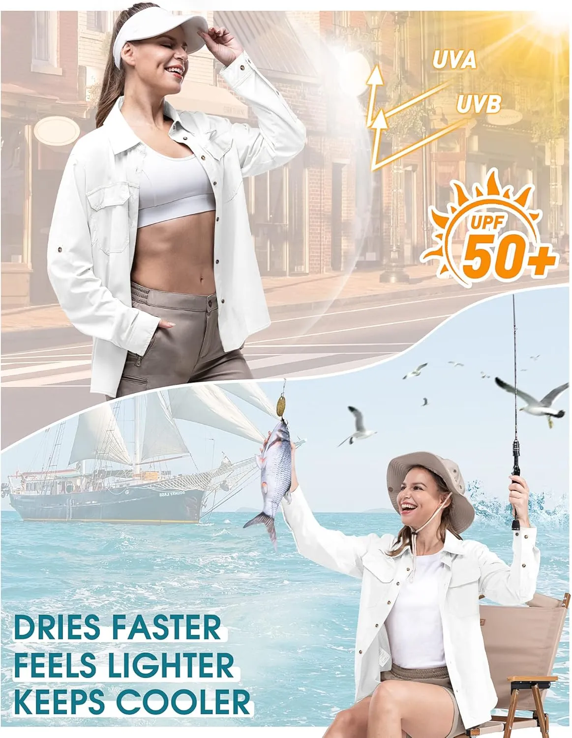 33,000ft Women's UPF 50 UV Sun Protection Shirt, Cool Quick Dry Long Sleeve Outdoor Fishing Hiking Safari Travel Shirt