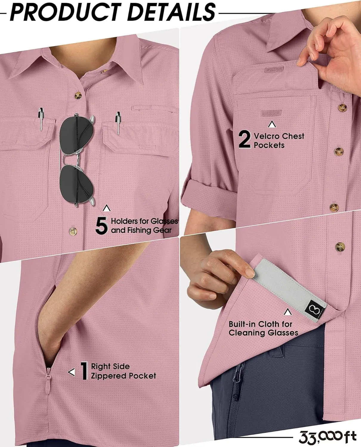 33,000ft Women's UPF 50 UV Sun Protection Shirt, Cool Quick Dry Long Sleeve Outdoor Fishing Hiking Safari Travel Shirt