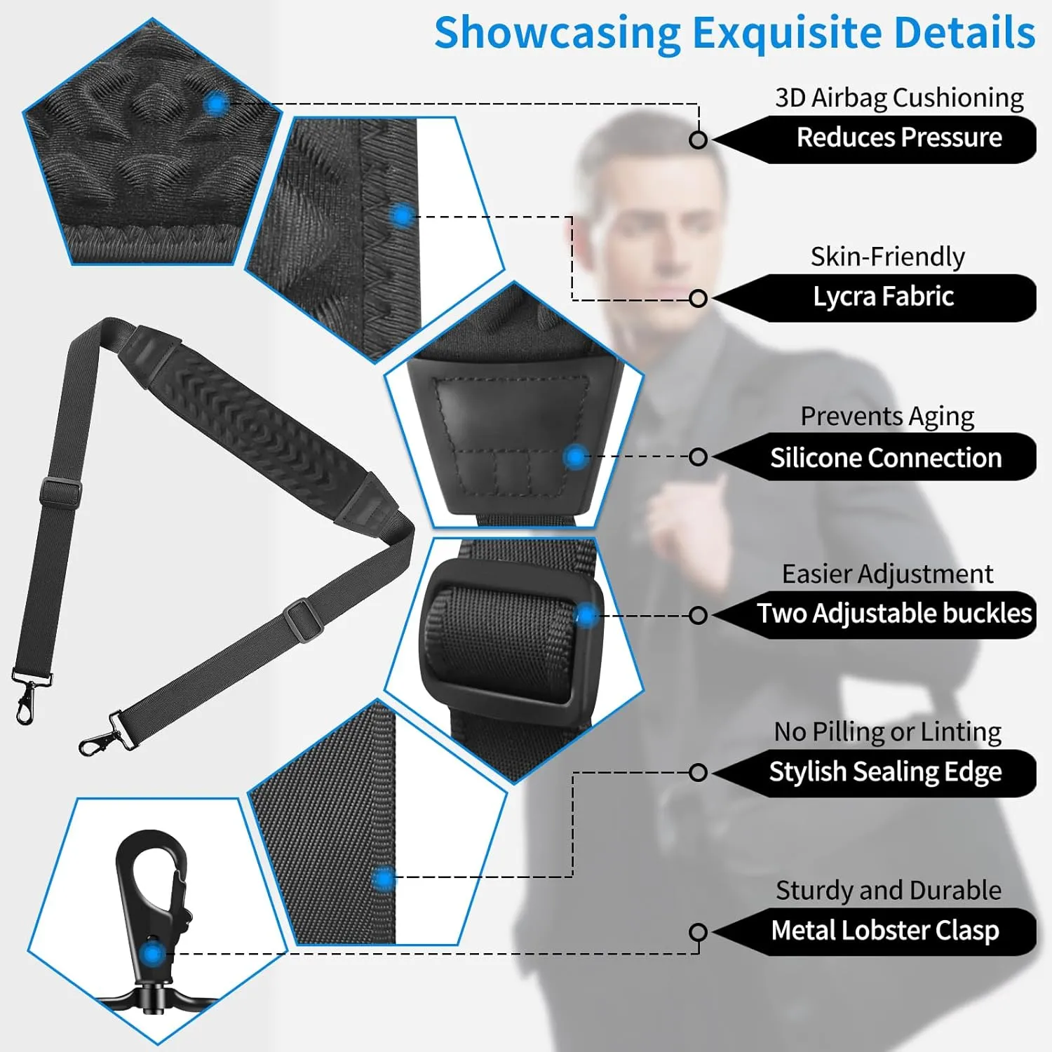 3D Air Cushion Ultra Comfortable Bag Strap, 58" Thicken Shoulder Strap with Double Adjustable Buckles and Metal Hooks, Ideal for Laptop Messenger Bag/Crossbody Bag(Enlarged Clamp Buckle)