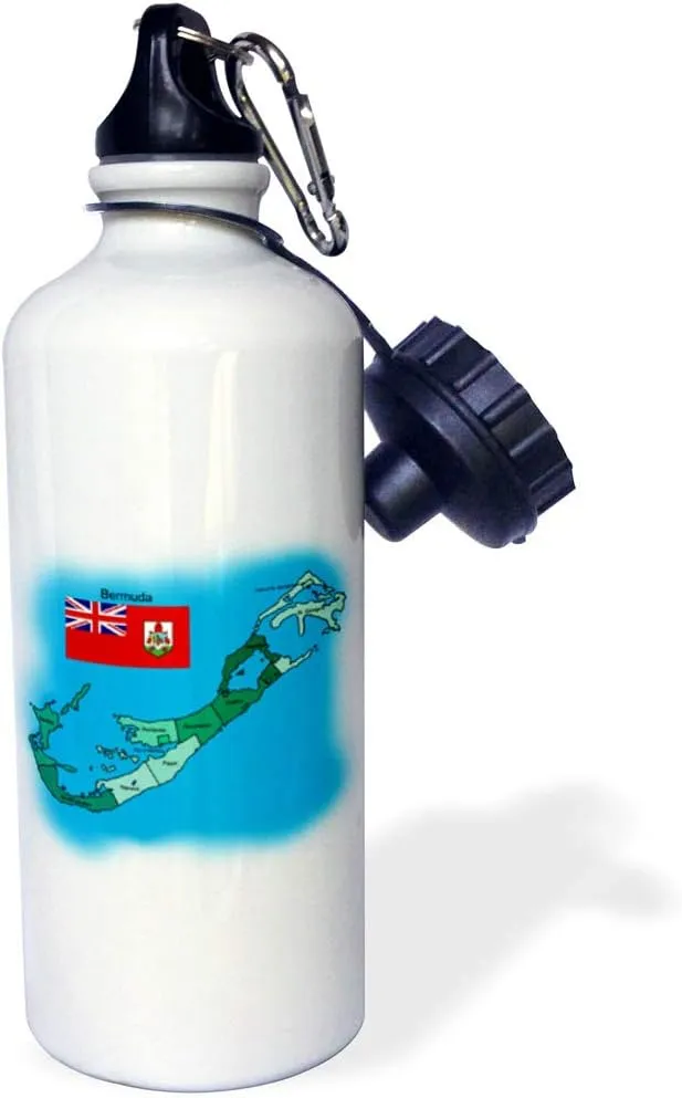 3dRose "Flag and map of the British Overseas island Territory Bermuda and all parishes colored and labeled" Sports Water Bottle, 21 oz, White
