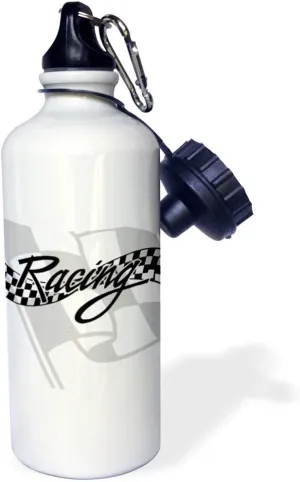 3dRose "Racing Black and Checkered Flag" Sports Water Bottle, 21 oz, White