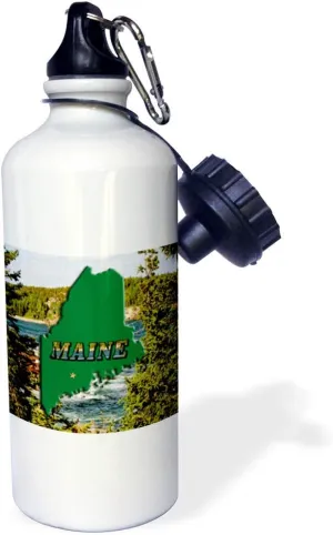 3dRose "State Map, Picture Text AND Arcadia Park Lake in Maine" Sports Water Bottle, 21 oz, White