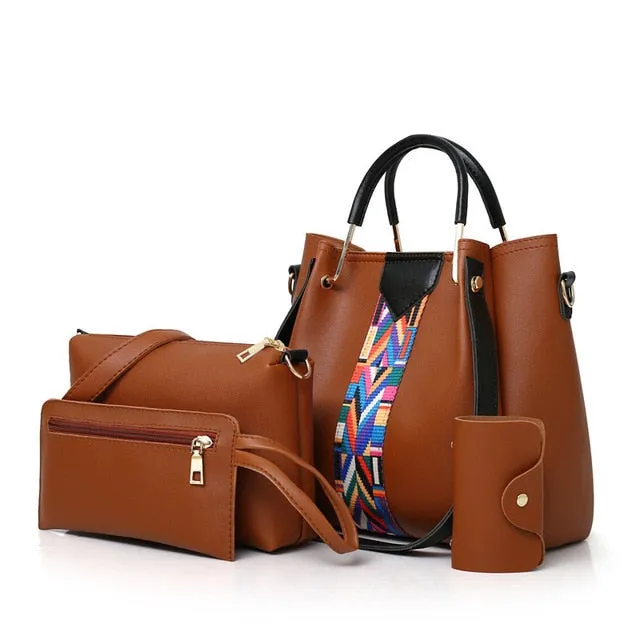 4PCS Leather Women Handbags Wallets Satchels Green/Red/Pink/Black/Brown/White