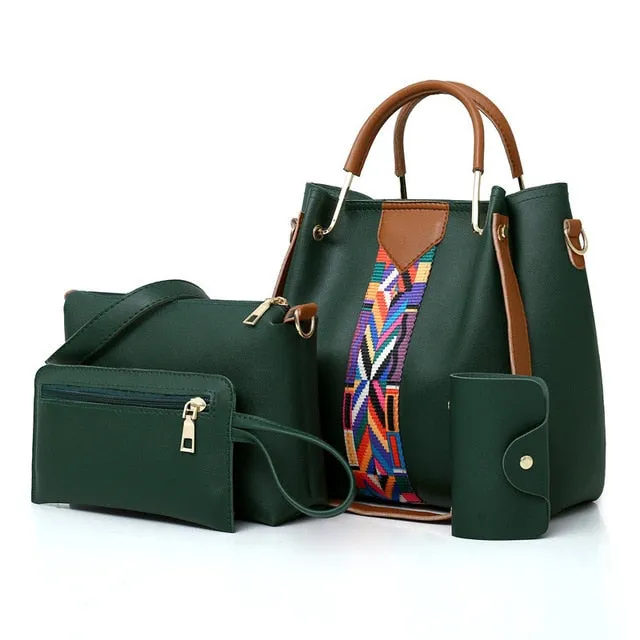 4PCS Leather Women Handbags Wallets Satchels Green/Red/Pink/Black/Brown/White