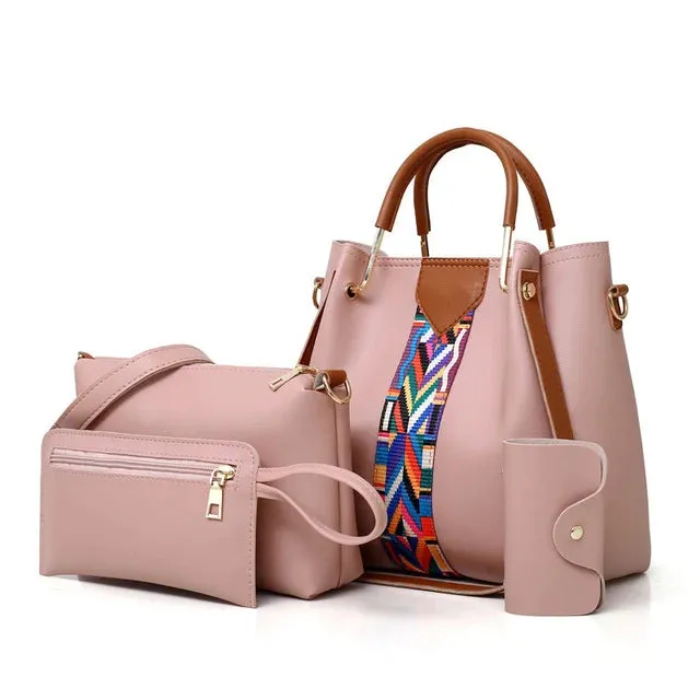4PCS Leather Women Handbags Wallets Satchels Green/Red/Pink/Black/Brown/White