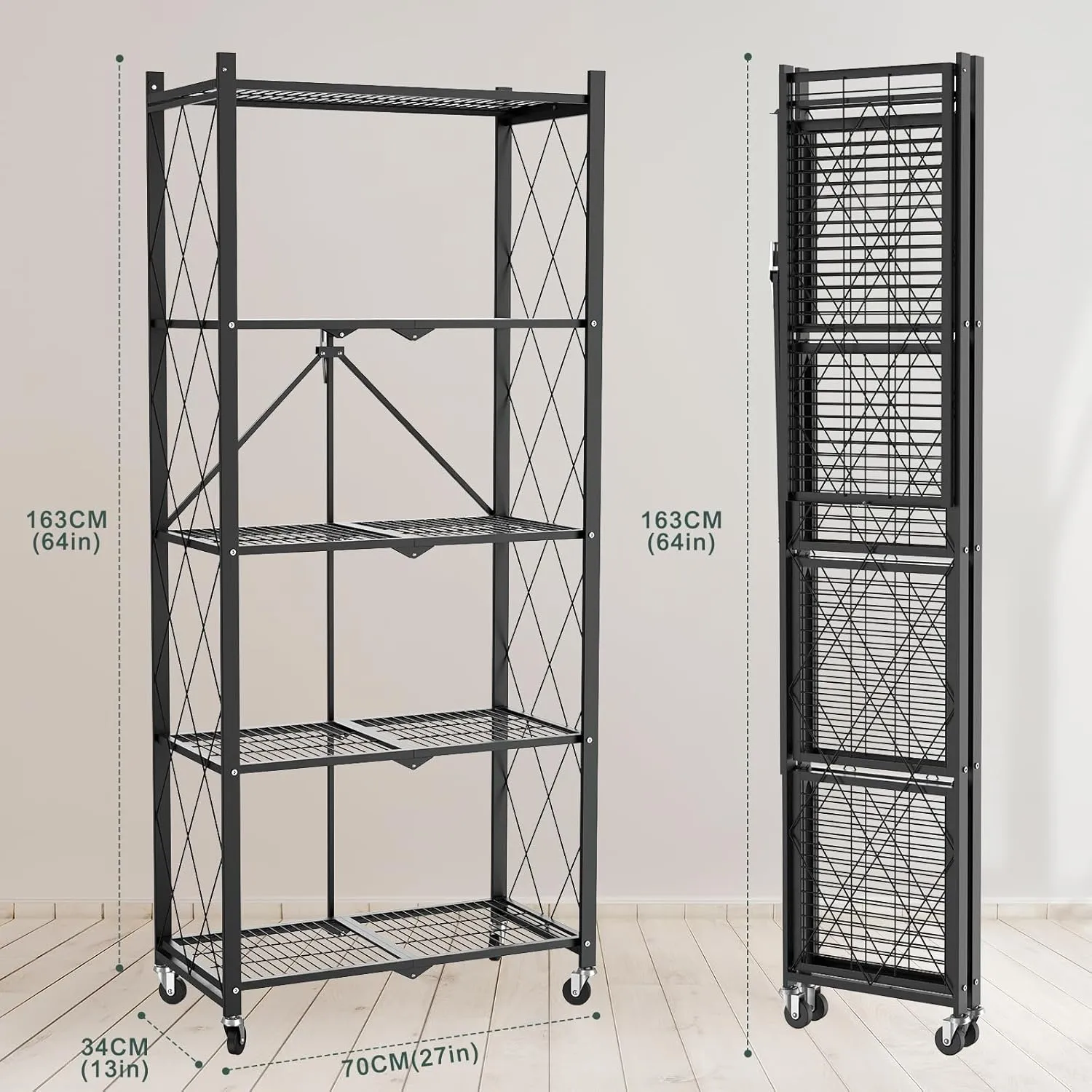 64" H 5 Tier Foldable Storage Shelf with Wheels, Folding Shelving Loads 500 LBS, Metal Steel Garage Shelves, Rolling Standing Utility Rack for Kitchen, Pantry, Office, Black