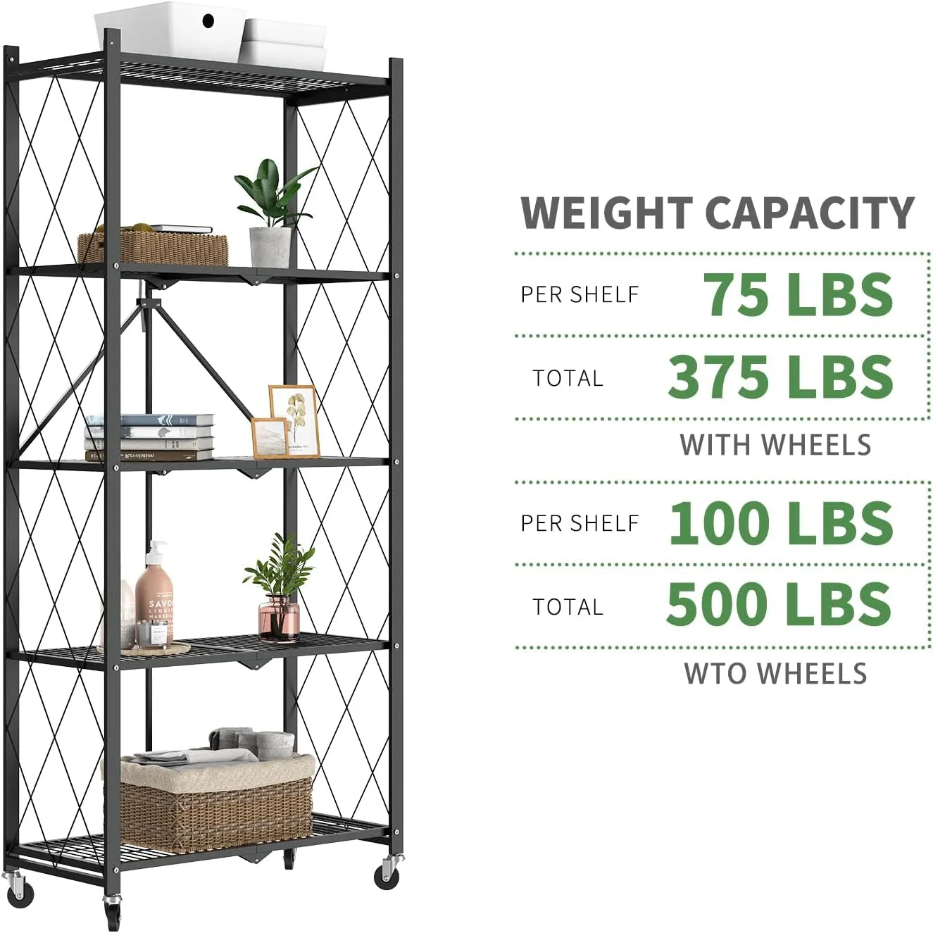 64" H 5 Tier Foldable Storage Shelf with Wheels, Folding Shelving Loads 500 LBS, Metal Steel Garage Shelves, Rolling Standing Utility Rack for Kitchen, Pantry, Office, Black